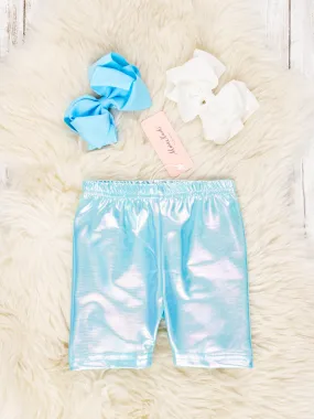 Blue Holographic Long Biker Shorts