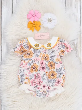 Golden Retro Florals Ruffle Romper