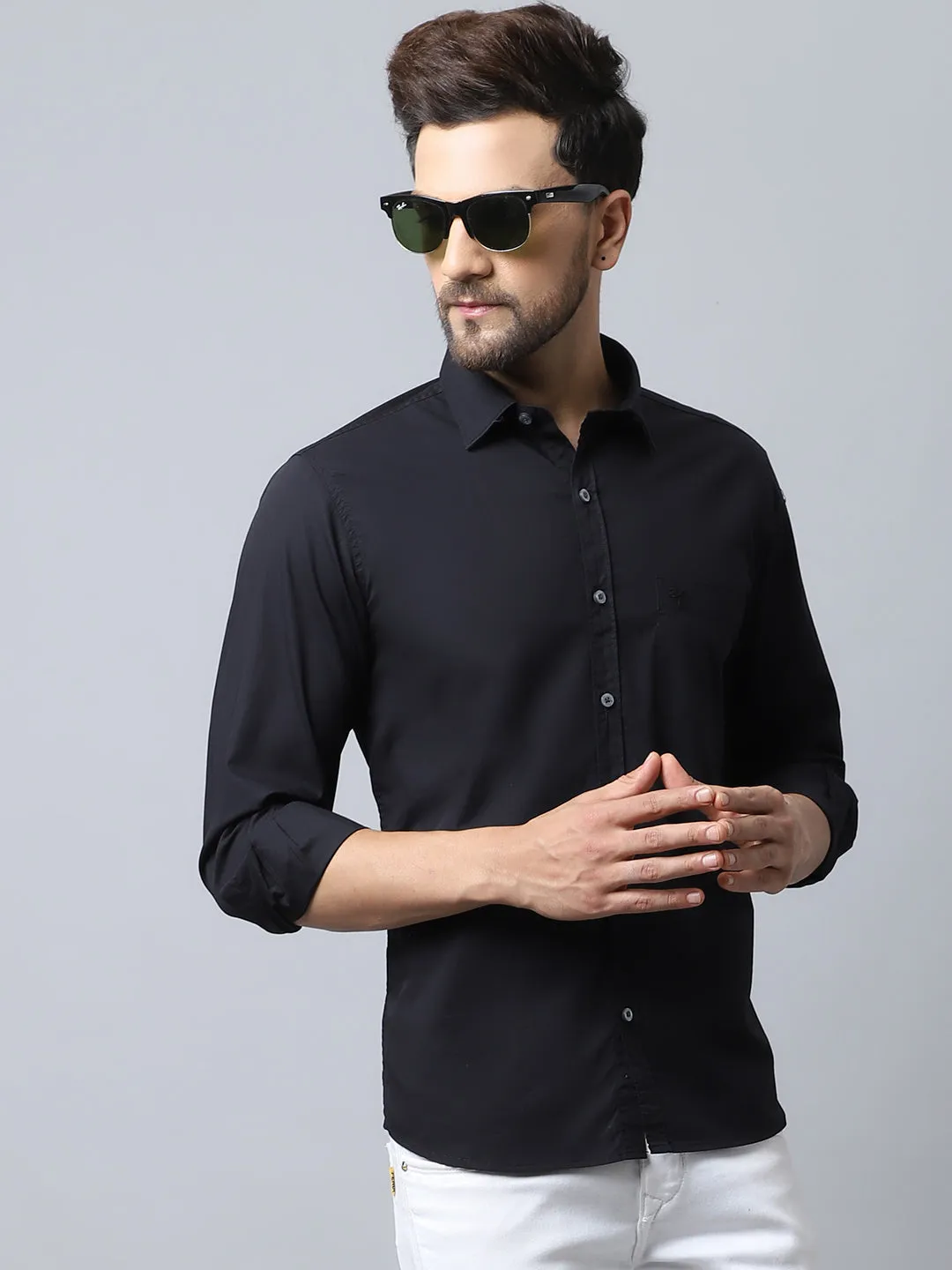 Men's Black Casual Plain Stretch Full Sleeve Shirt