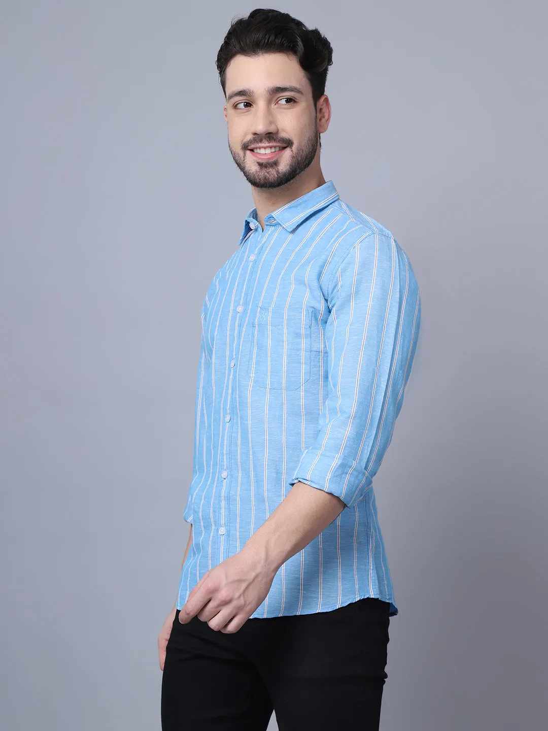 Men's Blue Casual Broad Stripe Full Sleeve Shirt