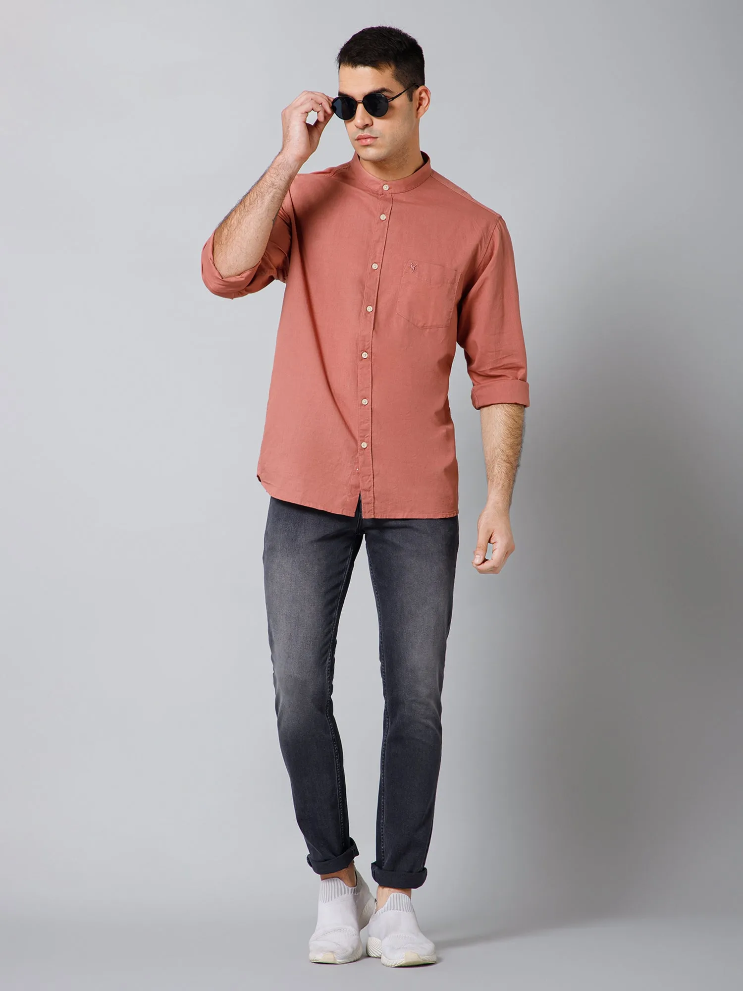 Men's Dark Peach Casual Plain Full Sleeve Shirt