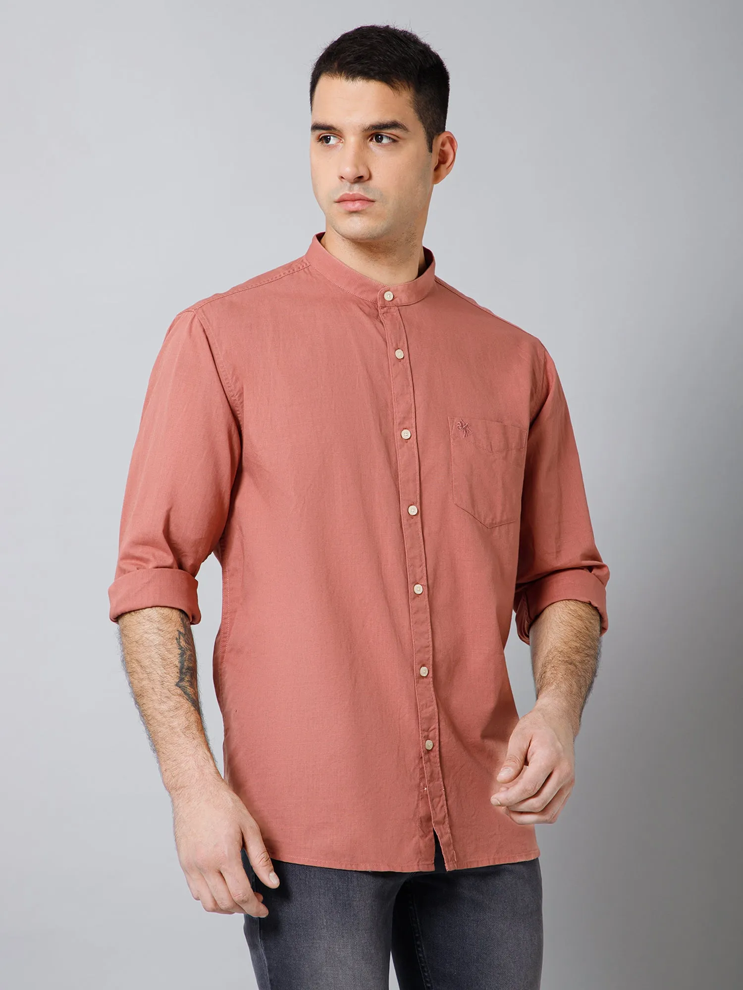 Men's Dark Peach Casual Plain Full Sleeve Shirt