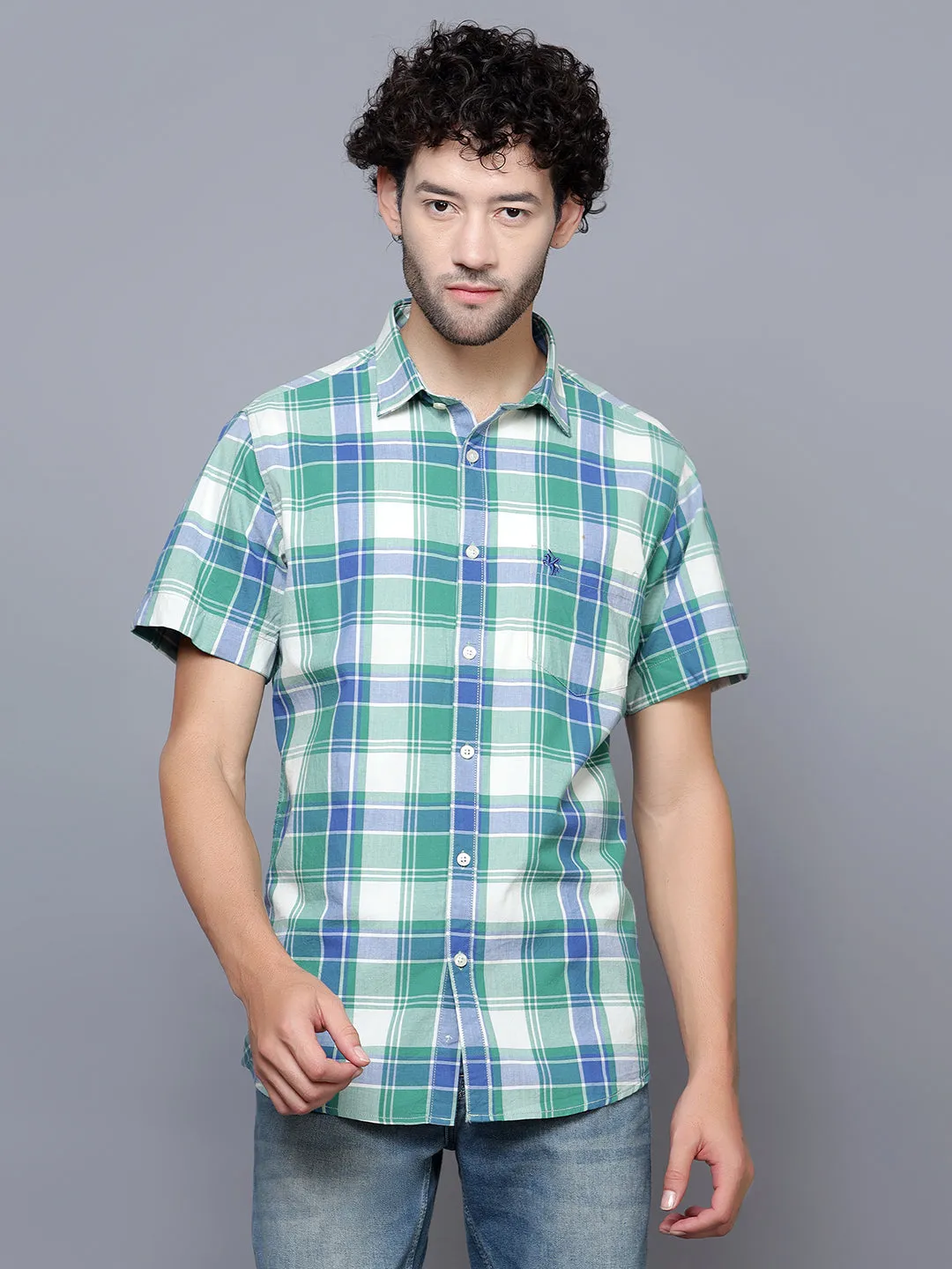 Men's Green Casual Big Checks Half Sleeve Shirt