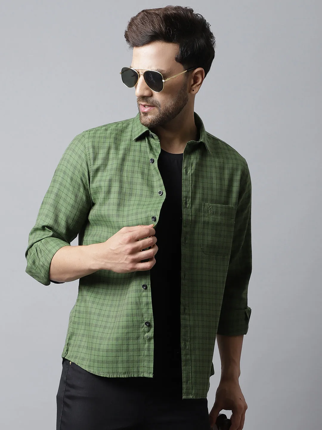 Men's Green Casual Medium Checks Full Sleeve Shirt