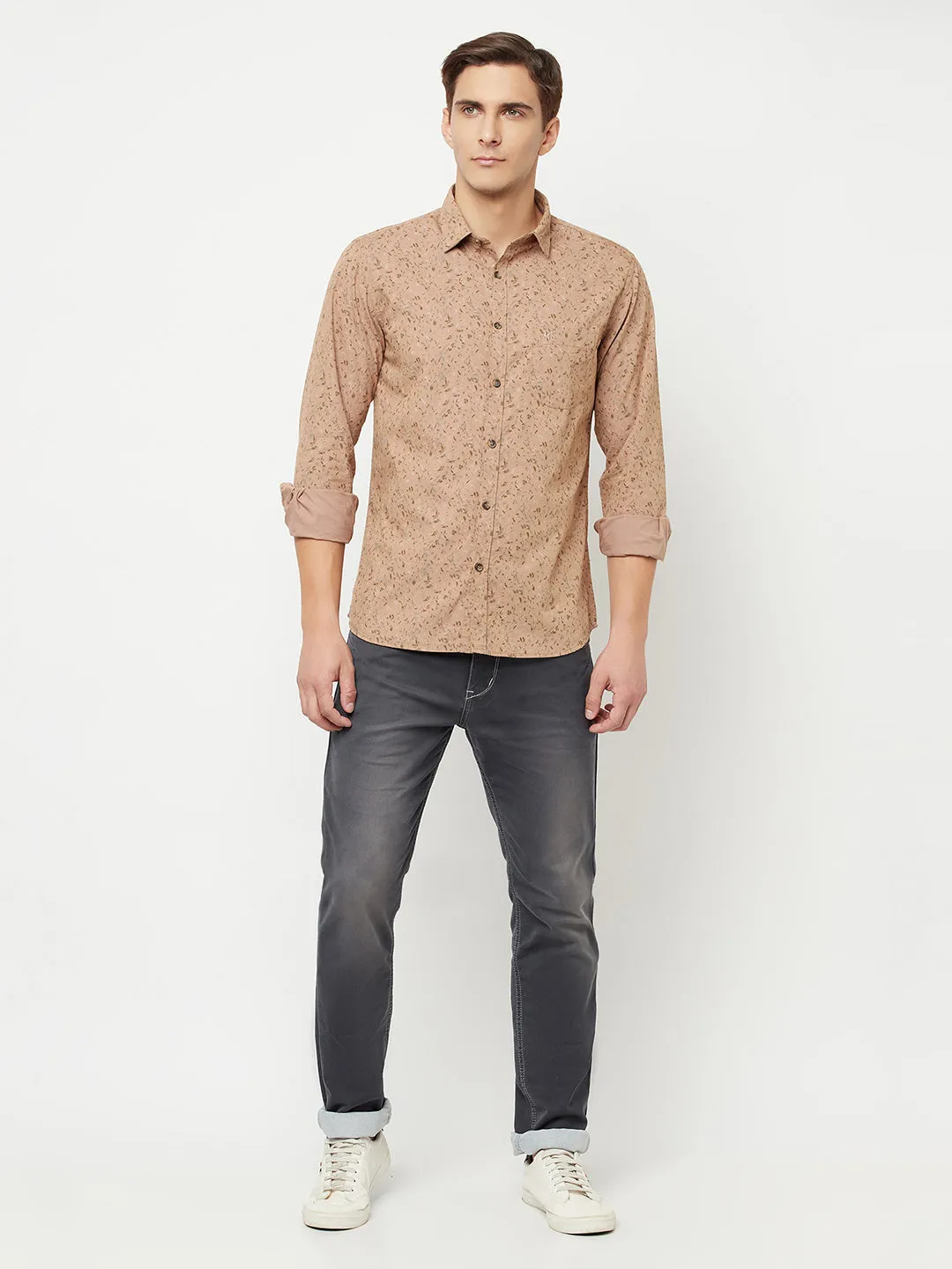 Men's Khaki Casual Floral Print Full Sleeve Shirt