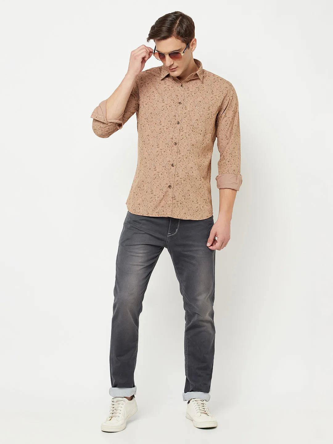 Men's Khaki Casual Floral Print Full Sleeve Shirt