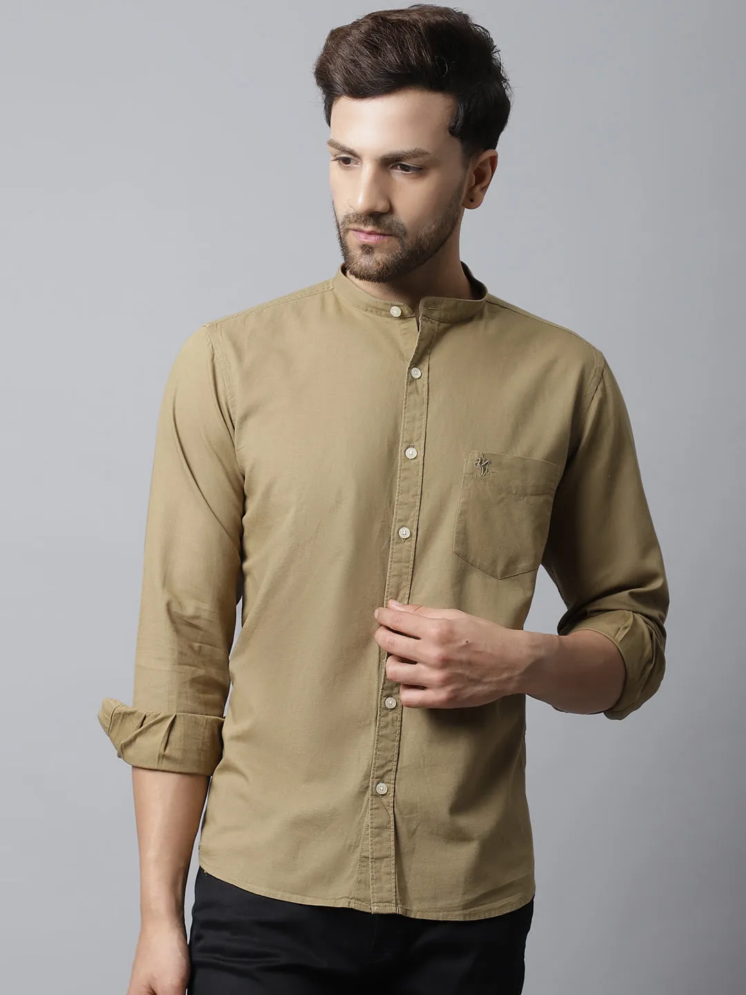 Men's Khaki Casual Plain Full Sleeve Shirt