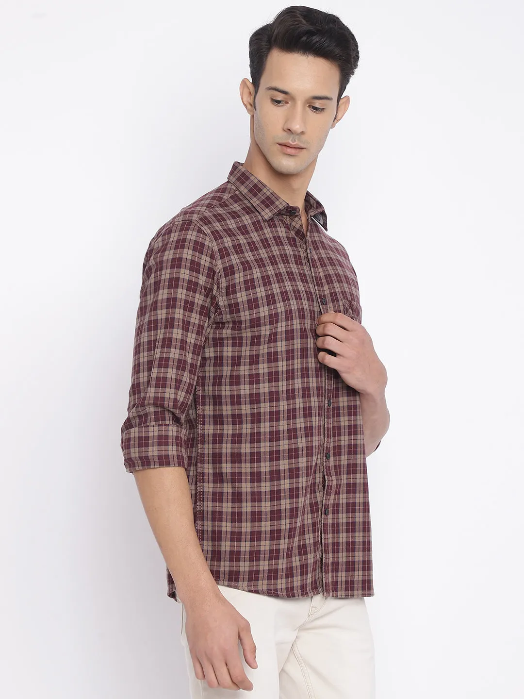 Men's Maroon Casual Medium Checks Full Sleeve Shirt