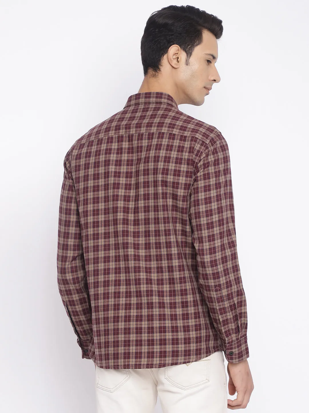 Men's Maroon Casual Medium Checks Full Sleeve Shirt