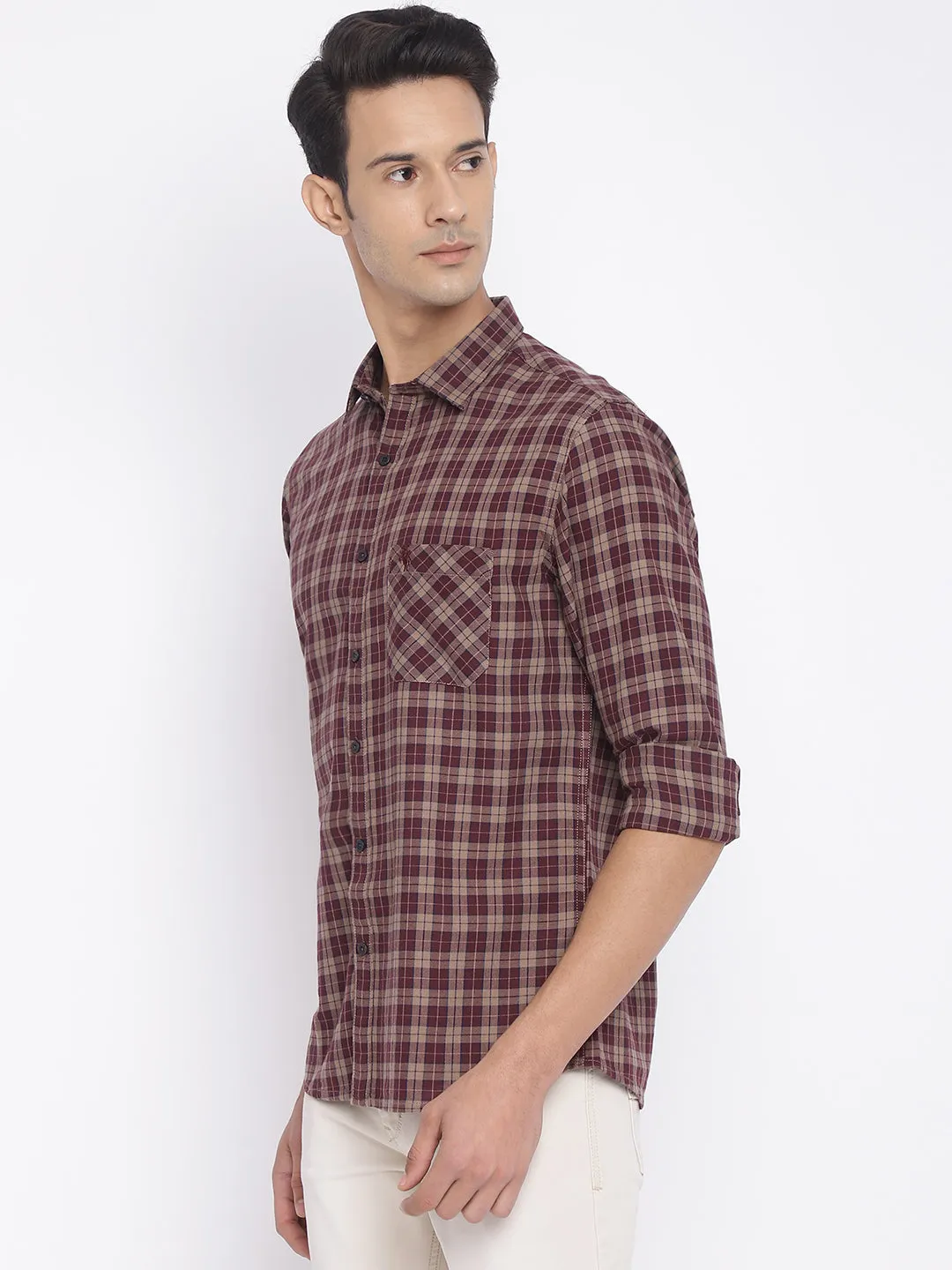 Men's Maroon Casual Medium Checks Full Sleeve Shirt