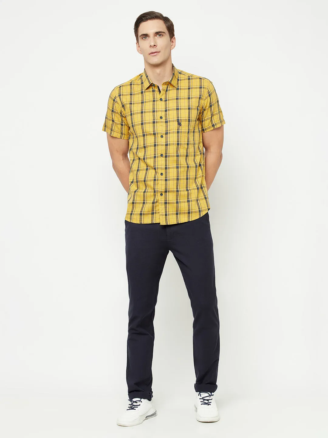 Men's Mustard Casual Medium Checks Half Sleeve Shirt