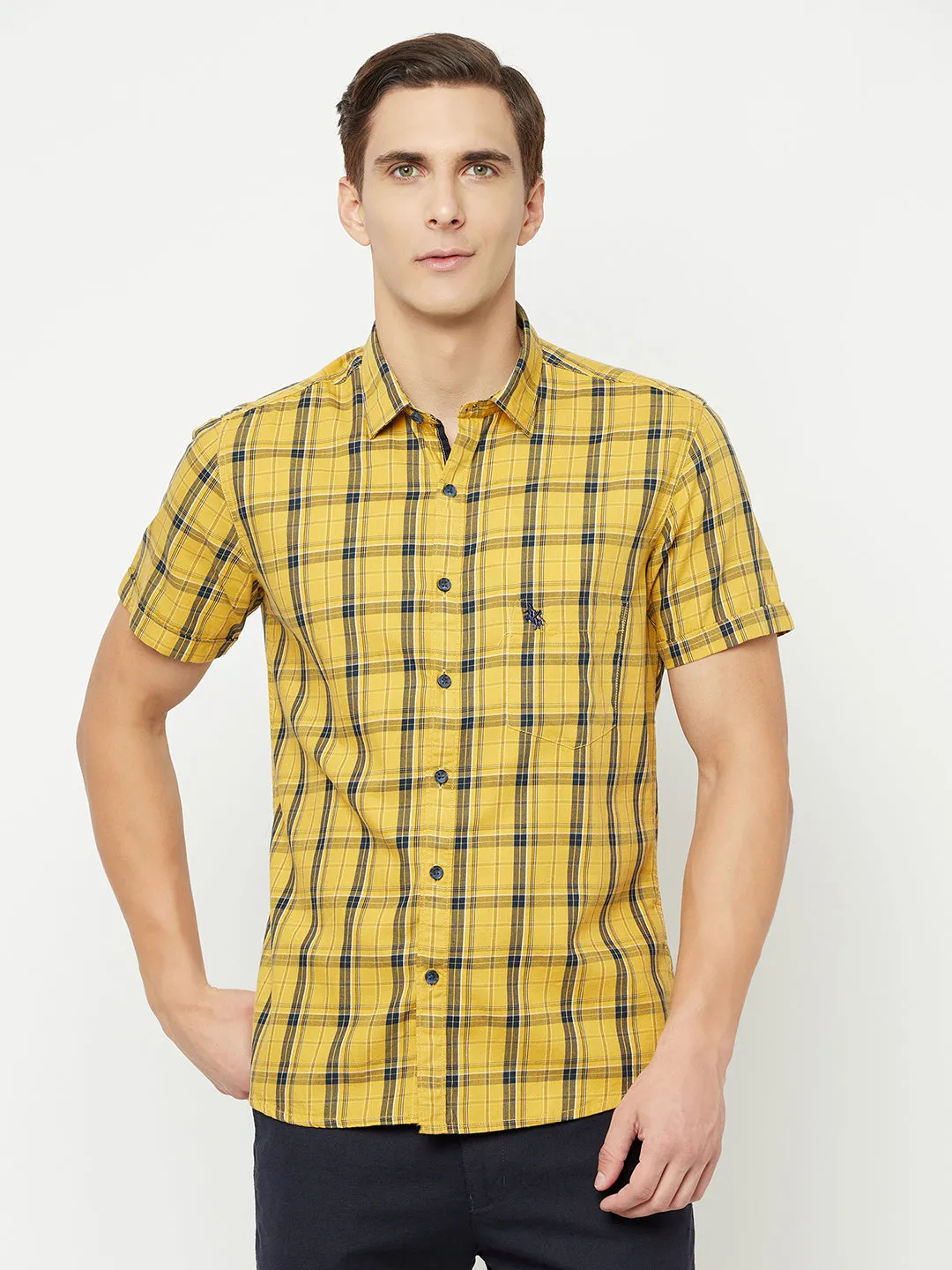 Men's Mustard Casual Medium Checks Half Sleeve Shirt