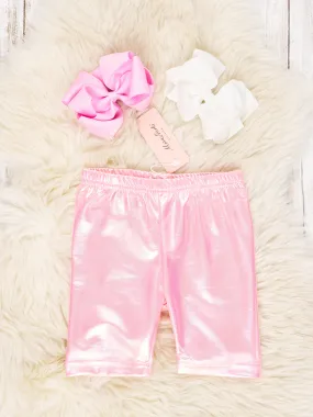 Pink Holographic Long Biker Shorts