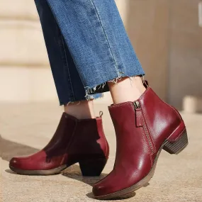 Retro Round Toe Women Ankle Boots Block Heels Side Zipper Coffee/Black/Red