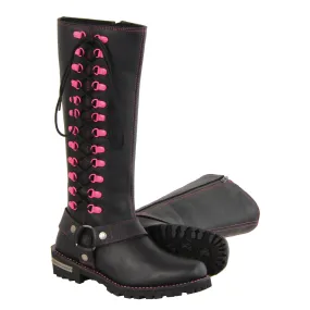 Women’s 14″Inch Leather Harness Boot w/ Fuchsia Accent Lacing